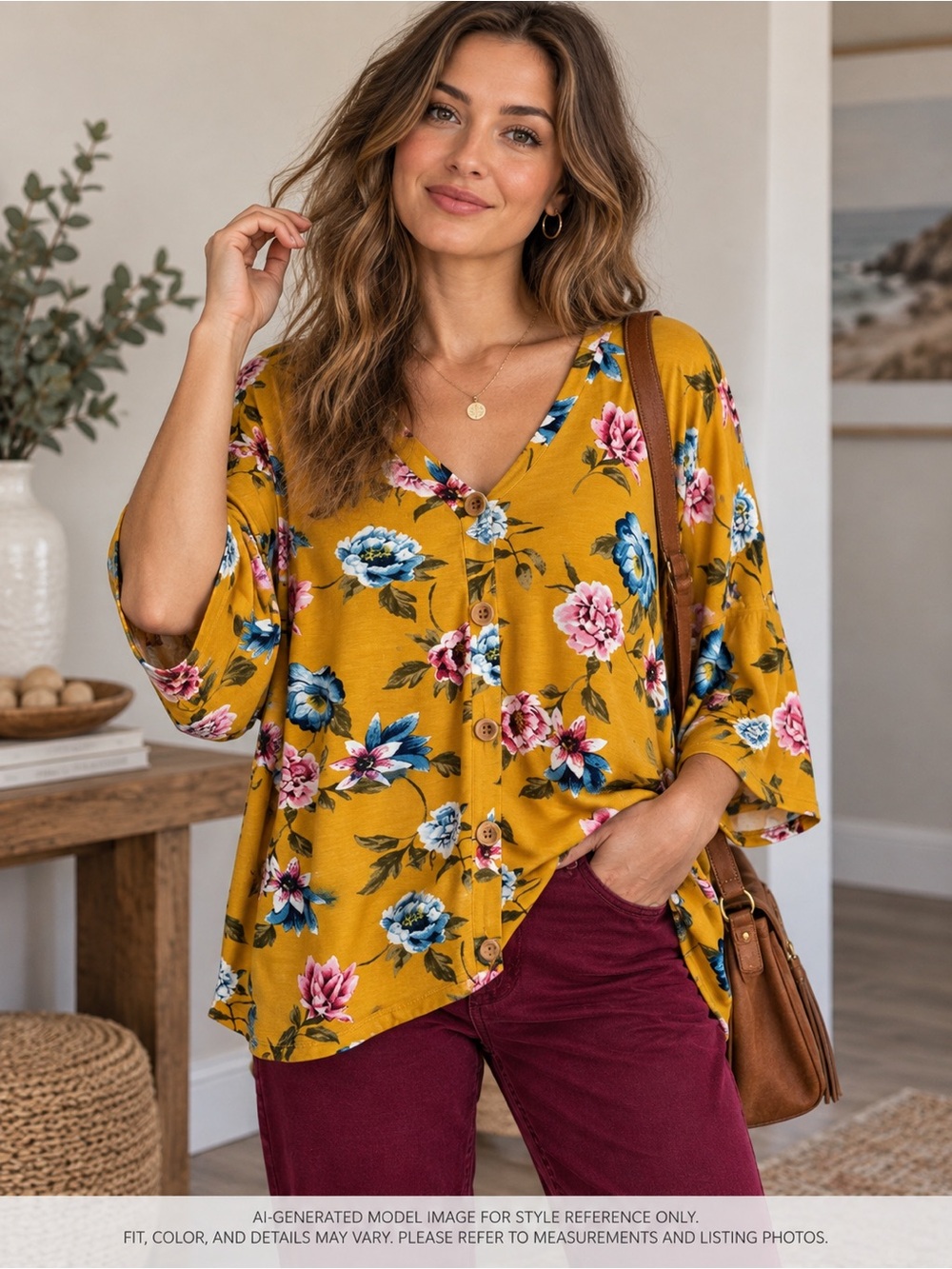 Bluheaven Mustard Floral Oversized Boho Top Medium NWOT